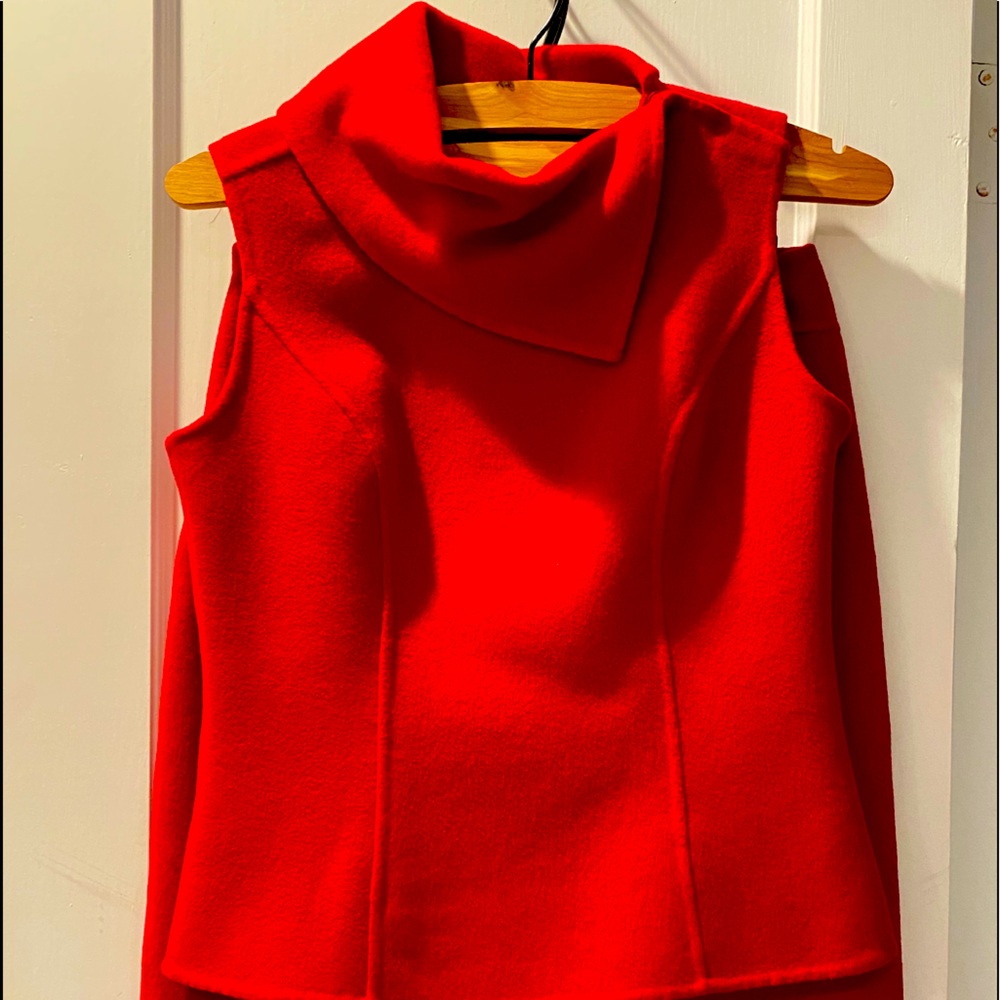 Red, Power suit by Etcetera, wool cashmere blend.